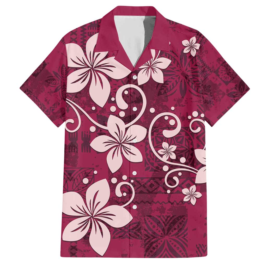 Plumeria Floral Tapa Pattern Ruby Pink Hawaiian Shirt