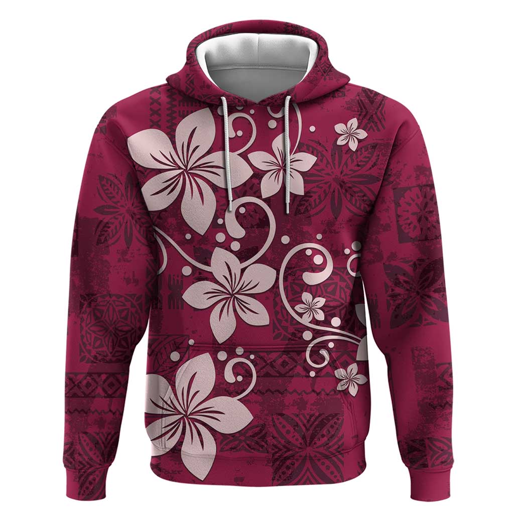 Plumeria Floral Tapa Pattern Ruby Pink Hoodie LT01 Pullover Hoodie Pink - Polynesian Pride