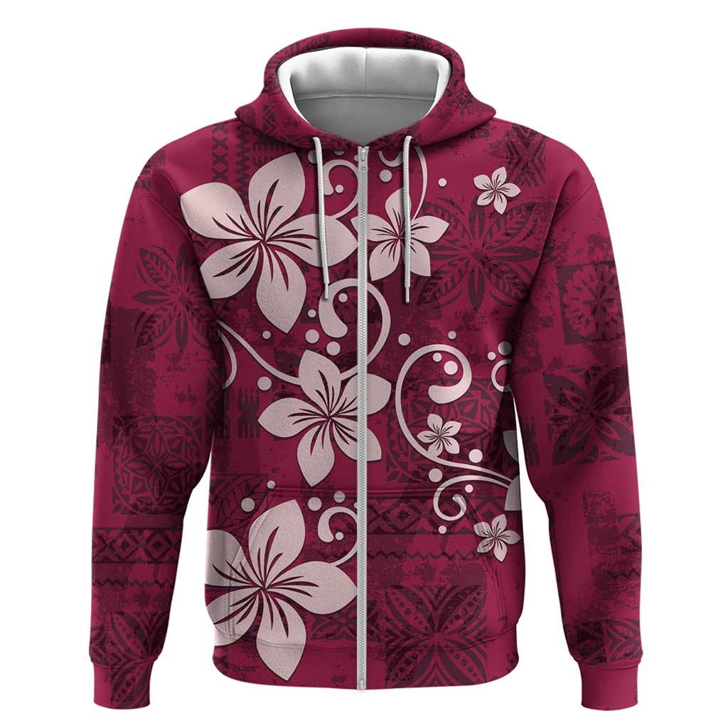 Plumeria Floral Tapa Pattern Ruby Pink Hoodie LT01 Zip Hoodie Pink - Polynesian Pride
