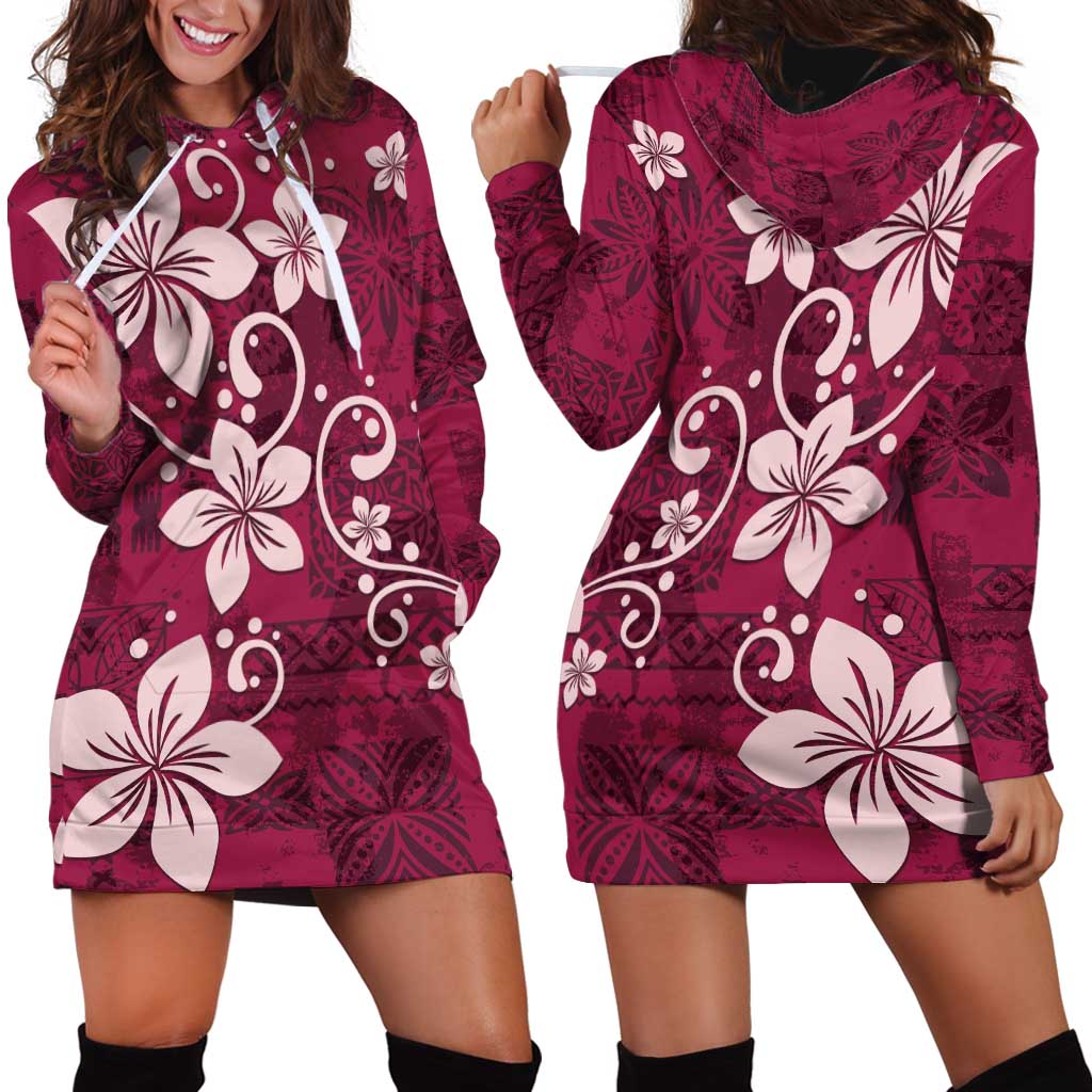 Plumeria Floral Tapa Pattern Ruby Pink Hoodie Dress LT01 - Polynesian Pride
