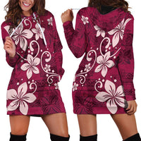 Plumeria Floral Tapa Pattern Ruby Pink Hoodie Dress LT01 - Polynesian Pride