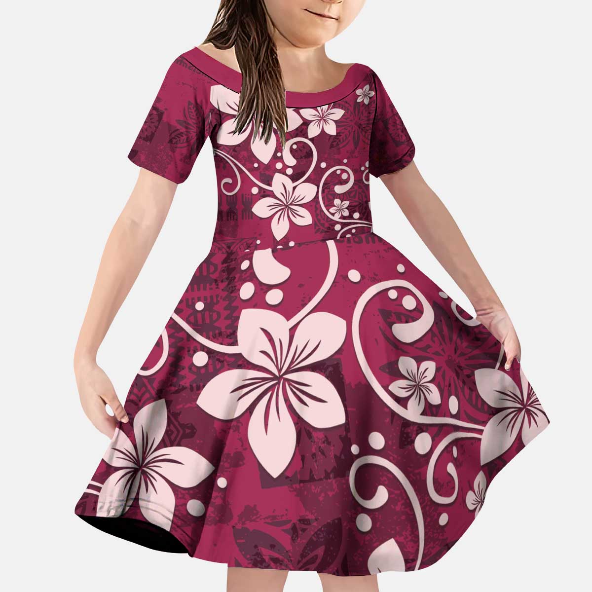 Plumeria Floral Tapa Pattern Ruby Pink Kid Short Sleeve Dress