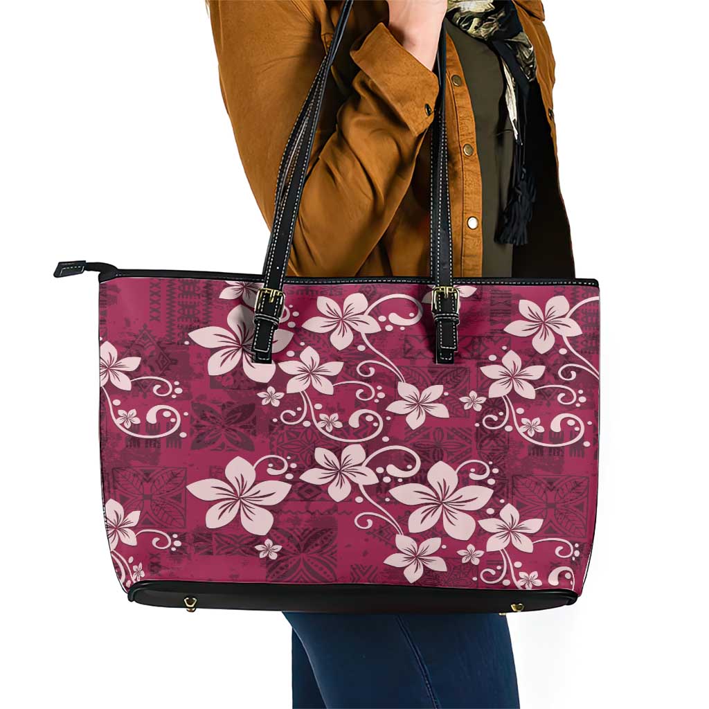 Plumeria Floral Tapa Pattern Ruby Pink Leather Tote Bag LT01 - Polynesian Pride