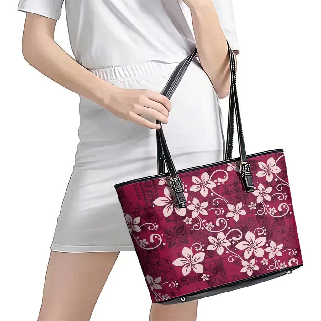Plumeria Floral Tapa Pattern Ruby Pink Leather Tote Bag LT01 - Polynesian Pride