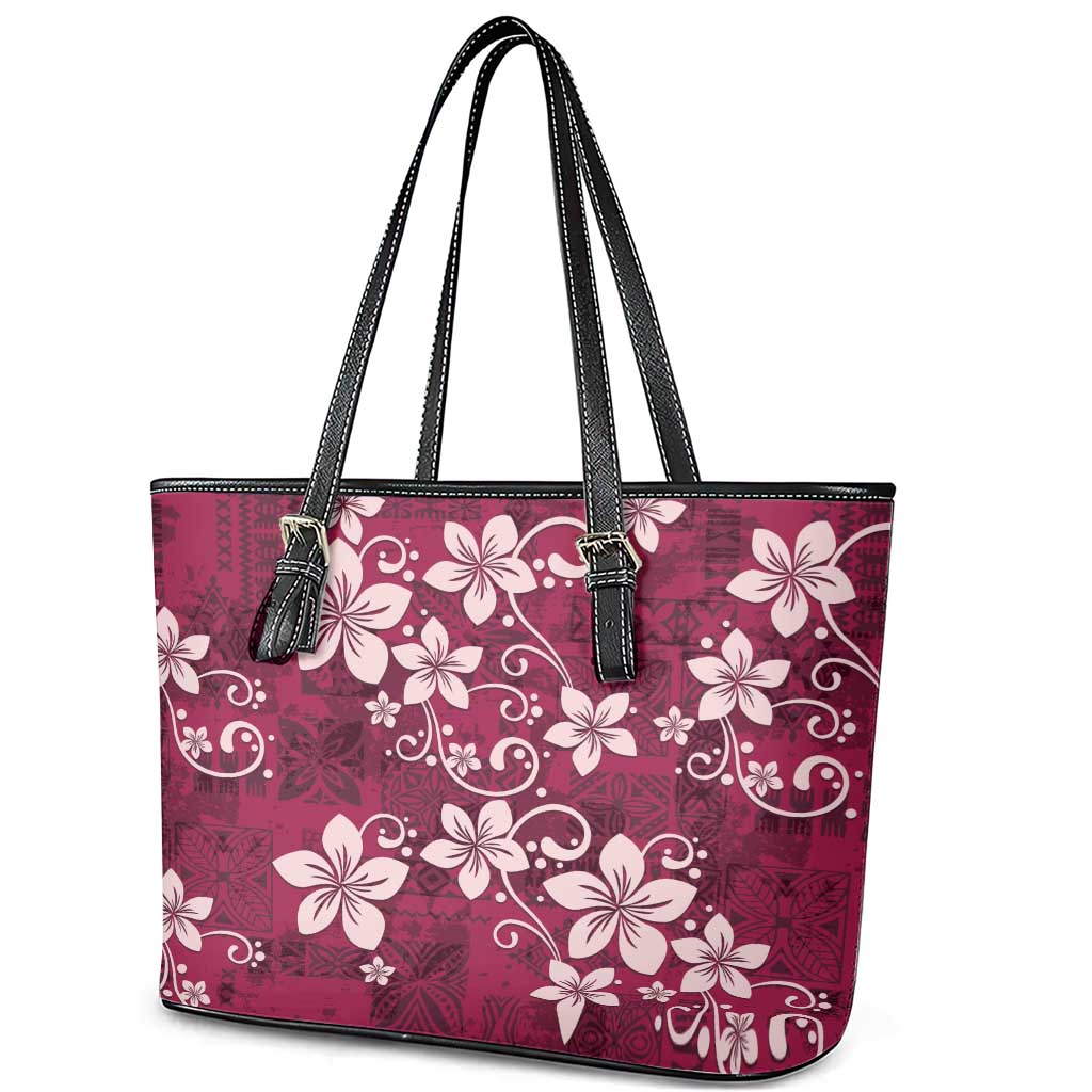 Plumeria Floral Tapa Pattern Ruby Pink Leather Tote Bag LT01 - Polynesian Pride