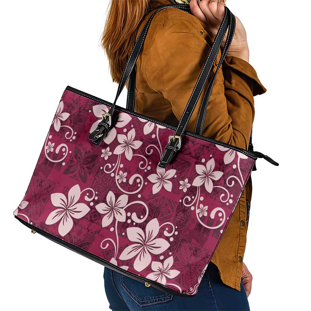 Plumeria Floral Tapa Pattern Ruby Pink Leather Tote Bag LT01 - Polynesian Pride