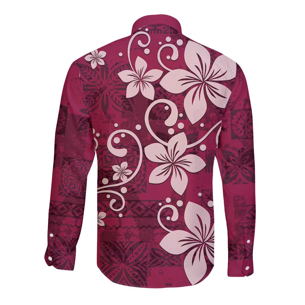 Plumeria Floral Tapa Pattern Ruby Pink Long Sleeve Button Shirt