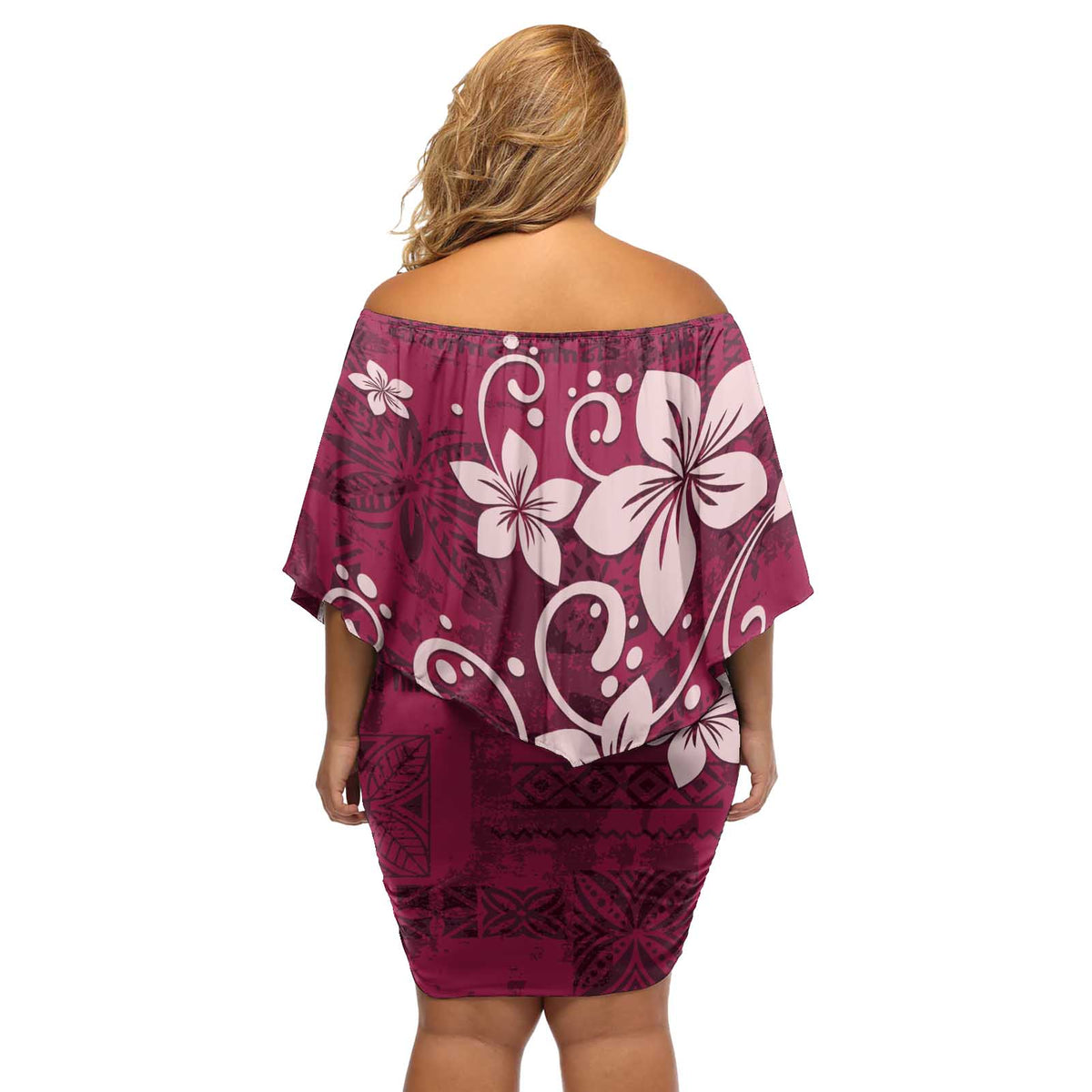 Plumeria Floral Tapa Pattern Ruby Pink Off Shoulder Short Dress LT01 - Polynesian Pride