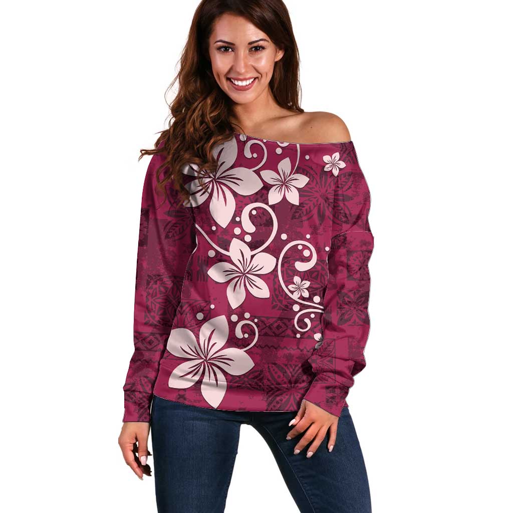 Plumeria Floral Tapa Pattern Ruby Pink Off Shoulder Sweater