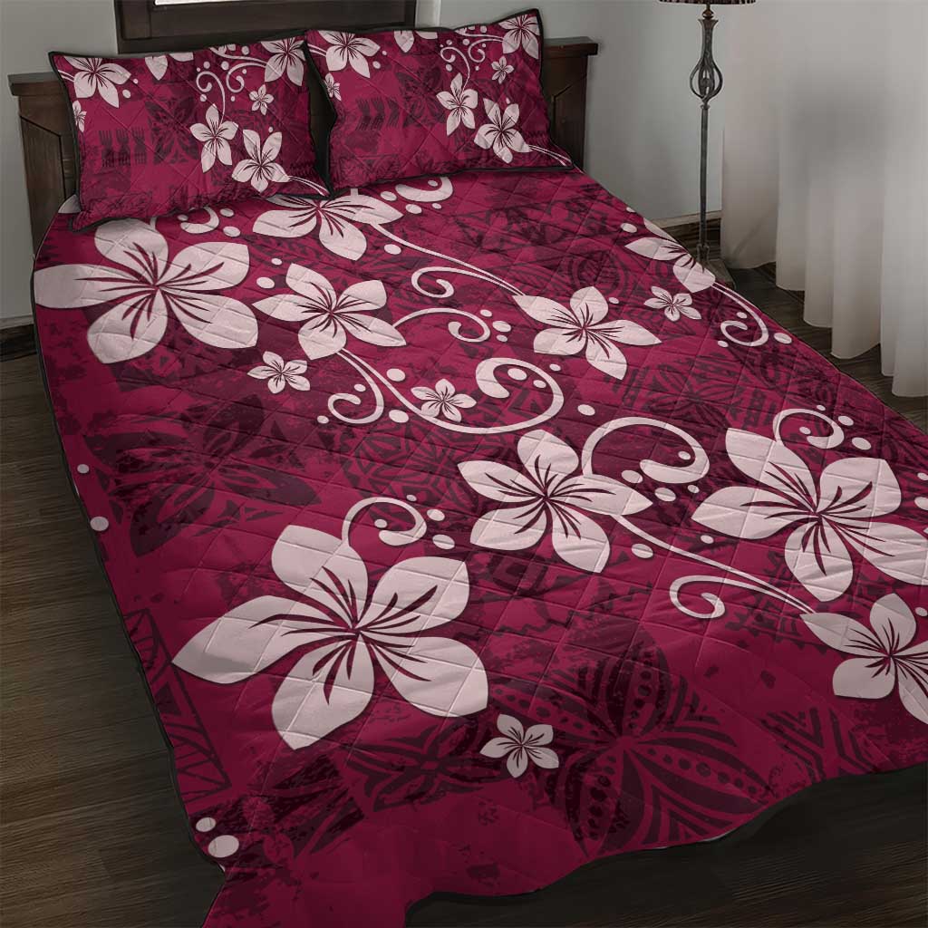 Plumeria Floral Tapa Pattern Ruby Pink Quilt Bed Set LT01 Pink - Polynesian Pride