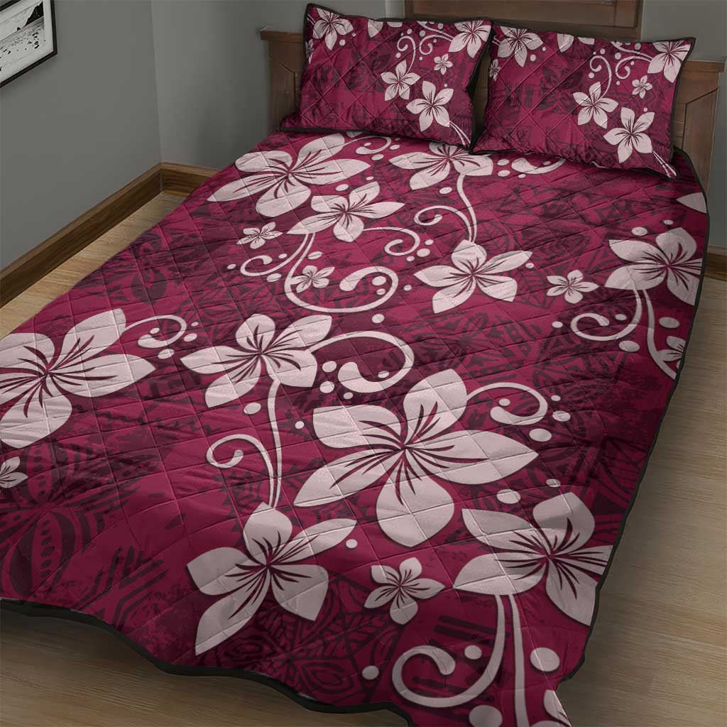 Plumeria Floral Tapa Pattern Ruby Pink Quilt Bed Set LT01 - Polynesian Pride