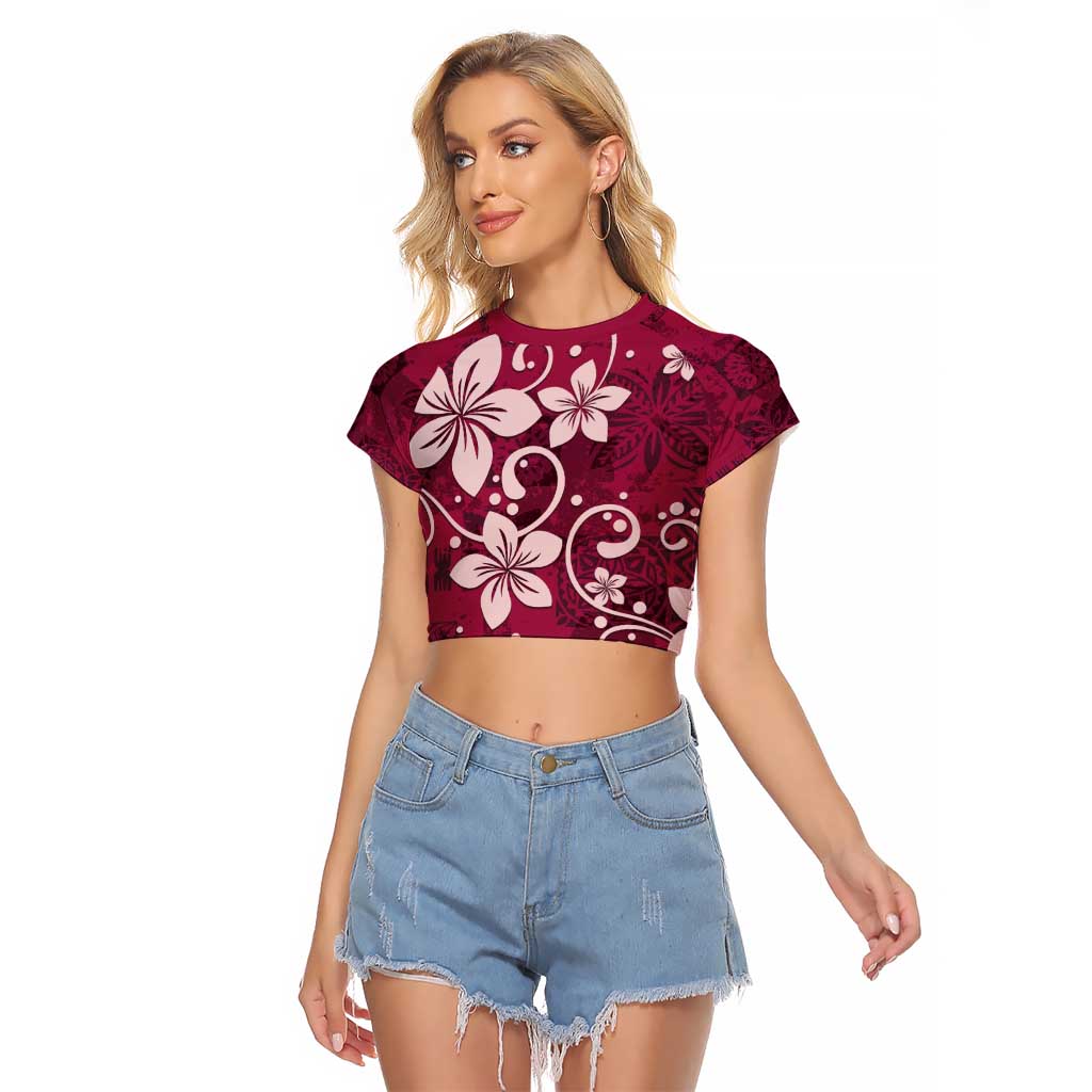 Plumeria Floral Tapa Pattern Ruby Pink Raglan Cropped T Shirt LT01 Female Pink - Polynesian Pride