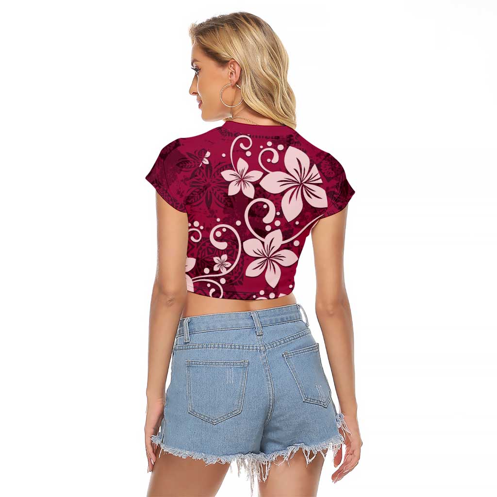 Plumeria Floral Tapa Pattern Ruby Pink Raglan Cropped T Shirt LT01 - Polynesian Pride