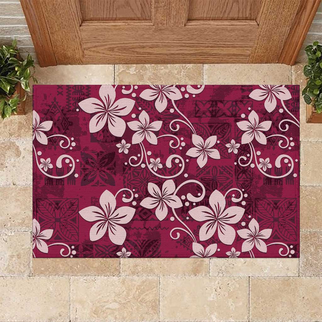 Plumeria Floral Tapa Pattern Ruby Pink Rubber Doormat LT01 Pink - Polynesian Pride