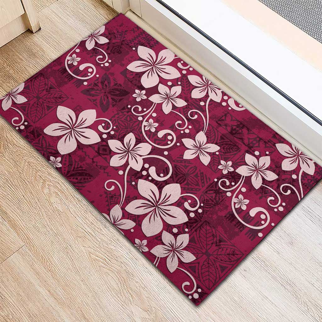 Plumeria Floral Tapa Pattern Ruby Pink Rubber Doormat LT01 - Polynesian Pride