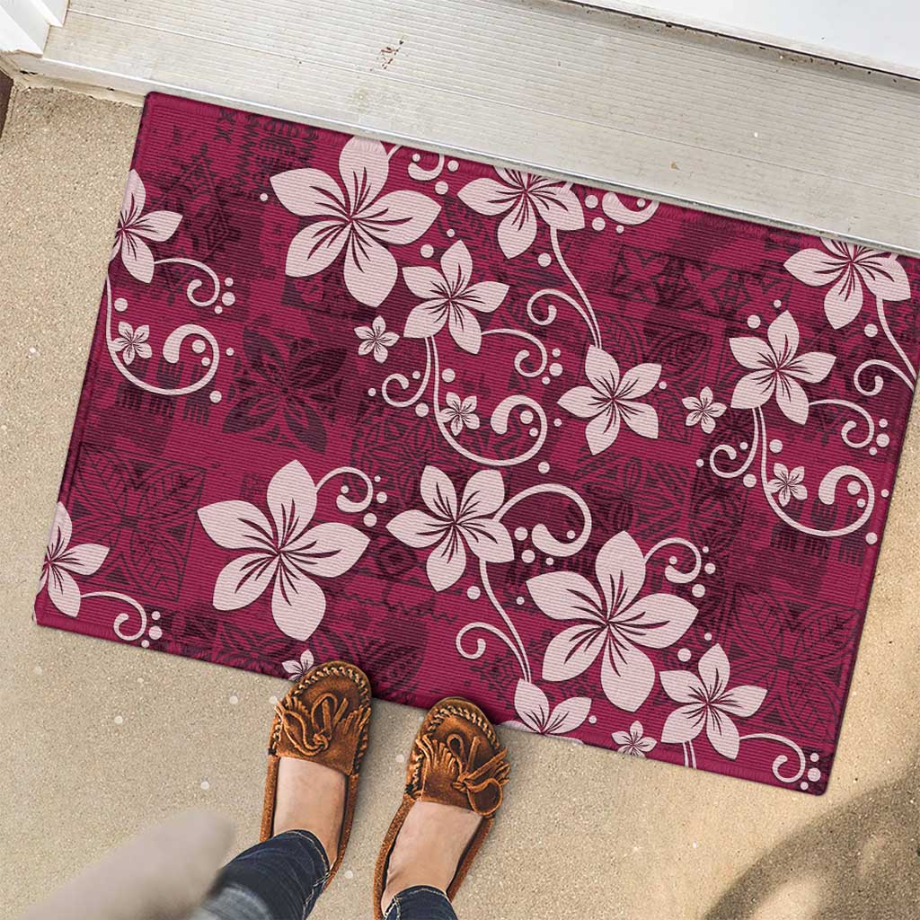 Plumeria Floral Tapa Pattern Ruby Pink Rubber Doormat LT01 - Polynesian Pride
