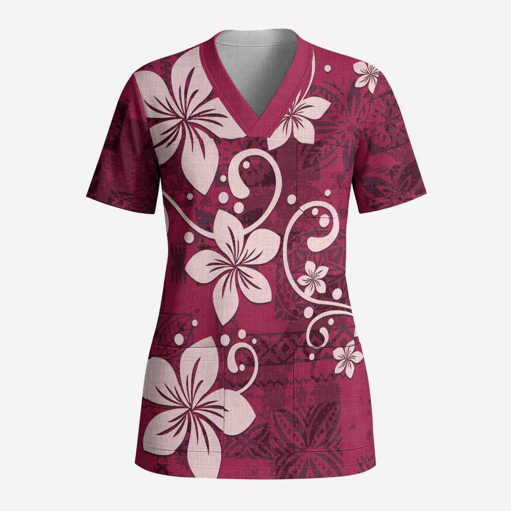 Plumeria Floral Tapa Pattern Ruby Pink Scrub Top LT01 Adult Pink - Polynesian Pride