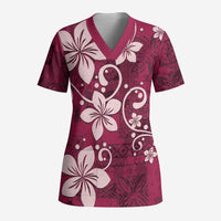 Plumeria Floral Tapa Pattern Ruby Pink Scrub Top LT01 Adult Pink - Polynesian Pride