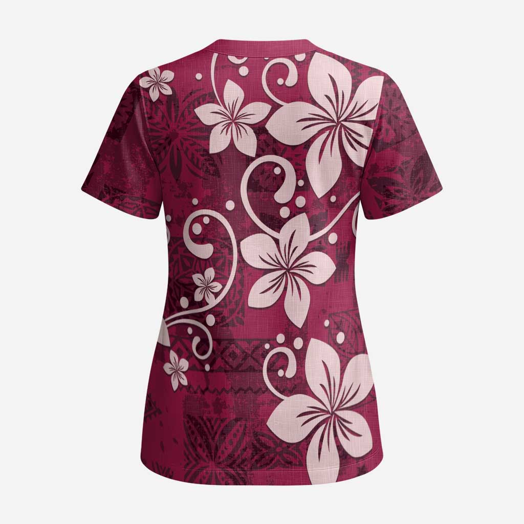 Plumeria Floral Tapa Pattern Ruby Pink Scrub Top LT01 - Polynesian Pride