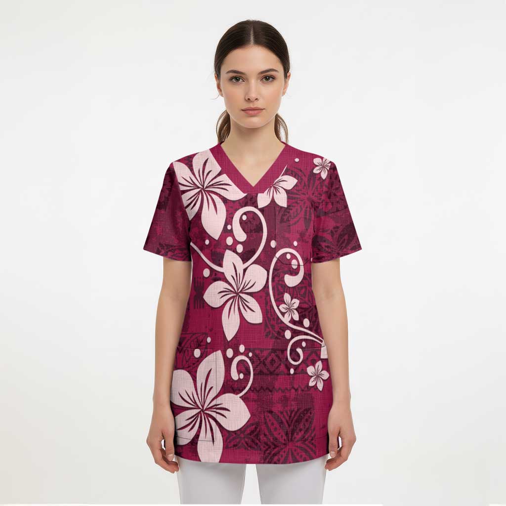 Plumeria Floral Tapa Pattern Ruby Pink Scrub Top LT01 - Polynesian Pride