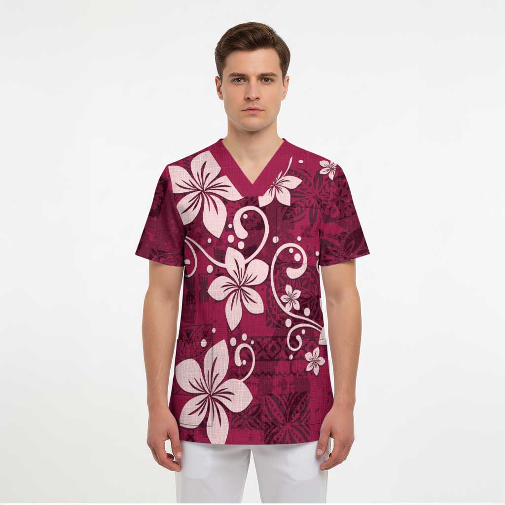 Plumeria Floral Tapa Pattern Ruby Pink Scrub Top LT01 - Polynesian Pride