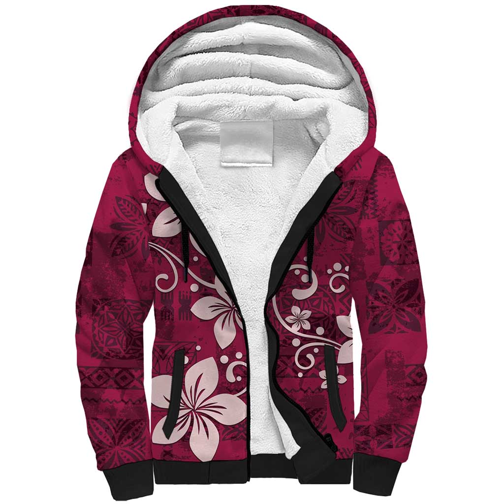 Plumeria Floral Tapa Pattern Ruby Pink Sherpa Hoodie LT01 Unisex Pink - Polynesian Pride