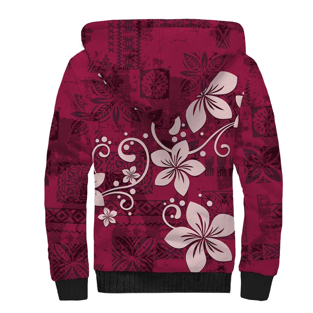 Plumeria Floral Tapa Pattern Ruby Pink Sherpa Hoodie LT01 - Polynesian Pride
