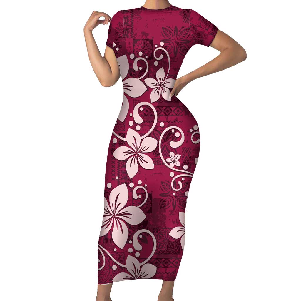 Plumeria Floral Tapa Pattern Ruby Pink Short Sleeve Bodycon Dress