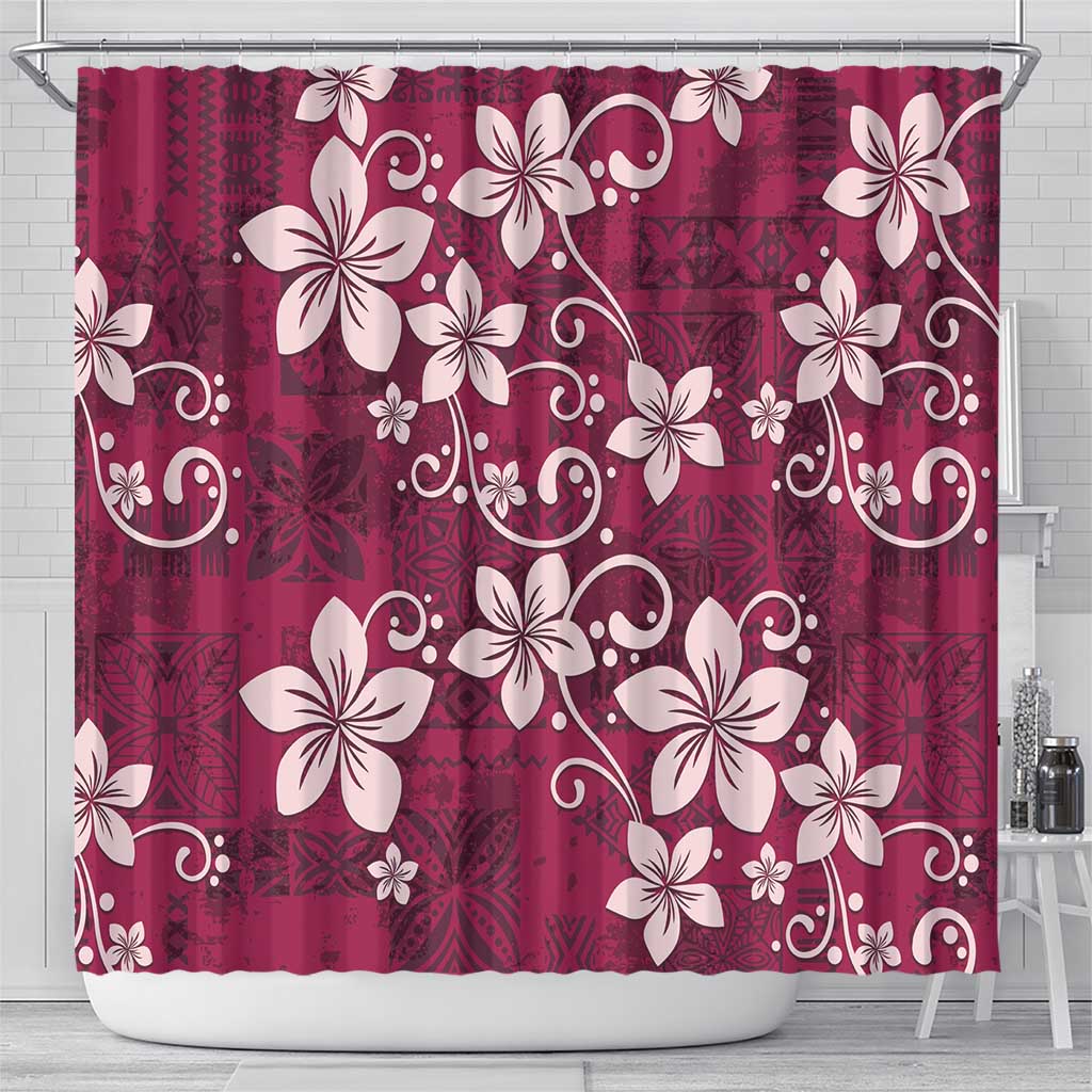 Plumeria Floral Tapa Pattern Ruby Pink Shower Curtain