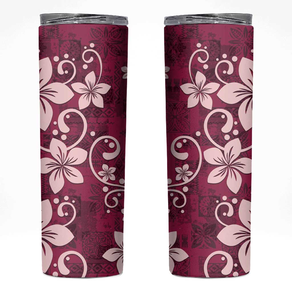 Plumeria Floral Tapa Pattern Ruby Pink Skinny Tumbler