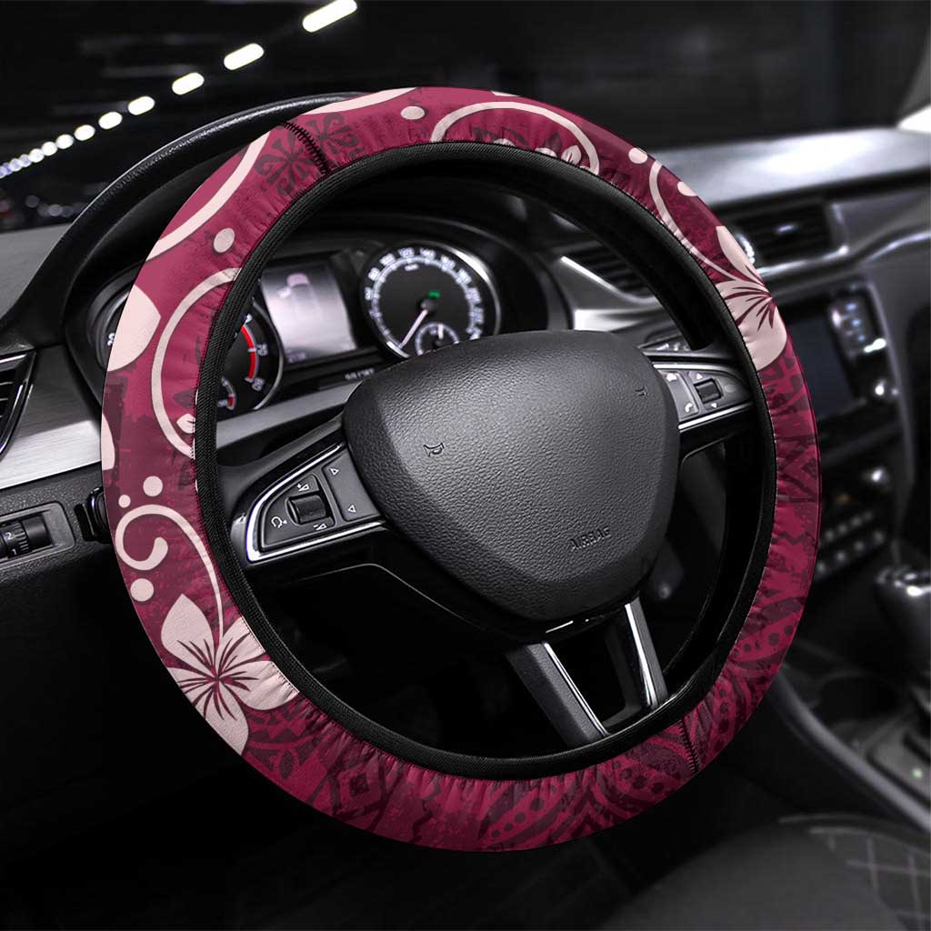 Plumeria Floral Tapa Pattern Ruby Pink Steering Wheel Cover LT01 Universal Fit Pink - Polynesian Pride