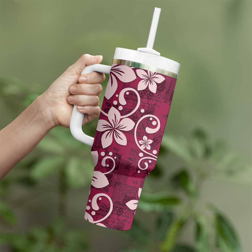 Plumeria Floral Tapa Pattern Ruby Pink Tumbler With Handle LT01 - Polynesian Pride