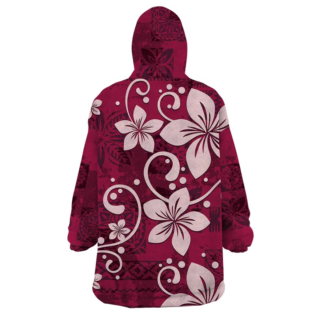 Plumeria Floral Tapa Pattern Ruby Pink Wearable Blanket Hoodie LT01 - Polynesian Pride