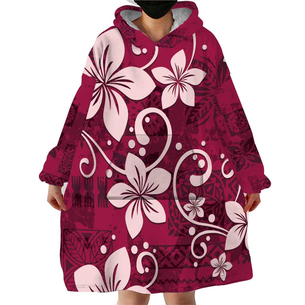 Plumeria Floral Tapa Pattern Ruby Pink Wearable Blanket Hoodie LT01 - Polynesian Pride
