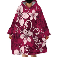Plumeria Floral Tapa Pattern Ruby Pink Wearable Blanket Hoodie LT01 - Polynesian Pride