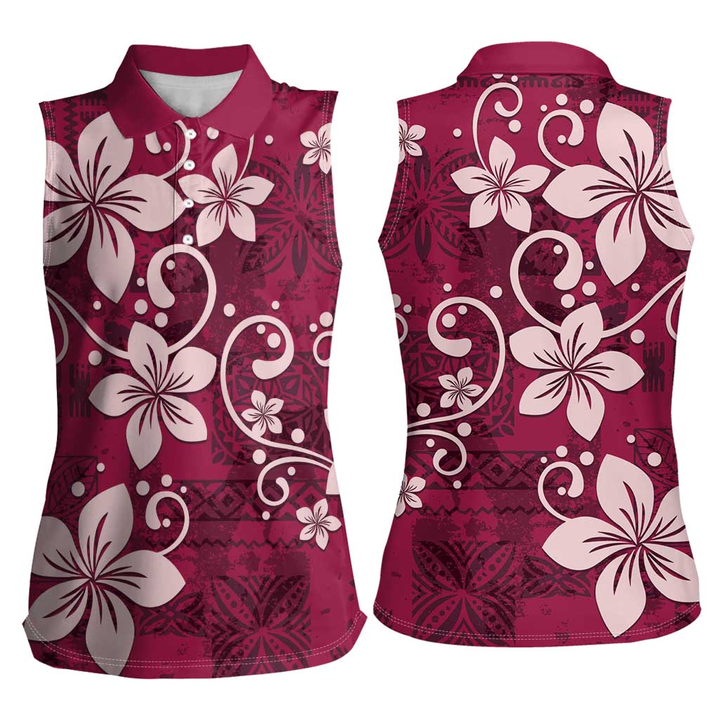 Plumeria Floral Tapa Pattern Ruby Pink Women Sleeveless Polo Shirt