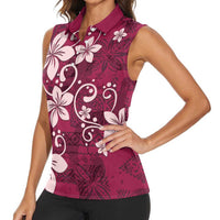 Plumeria Floral Tapa Pattern Ruby Pink Women Sleeveless Polo Shirt