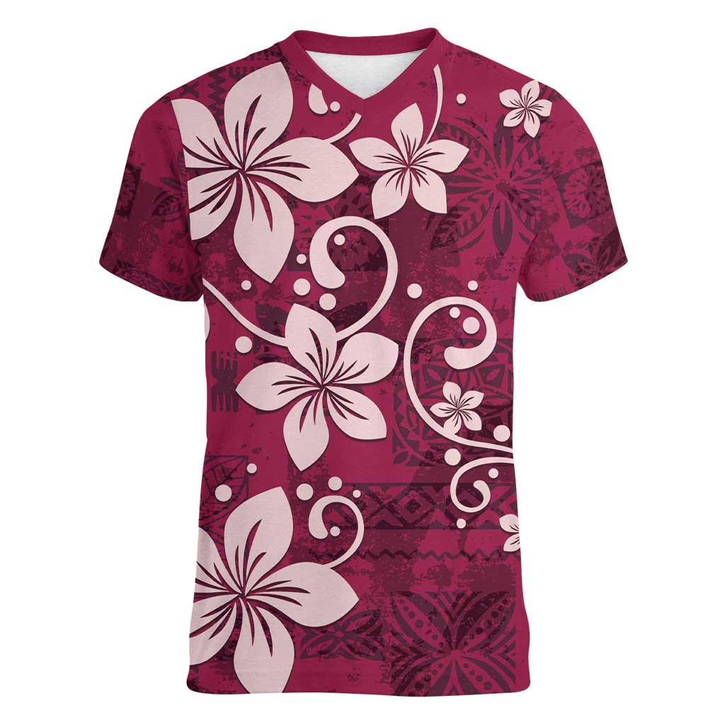 Plumeria Floral Tapa Pattern Ruby Pink Women V-Neck T-Shirt LT01 Female Pink - Polynesian Pride