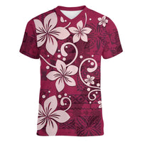 Plumeria Floral Tapa Pattern Ruby Pink Women V-Neck T-Shirt LT01 Female Pink - Polynesian Pride