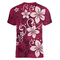 Plumeria Floral Tapa Pattern Ruby Pink Women V-Neck T-Shirt LT01 - Polynesian Pride