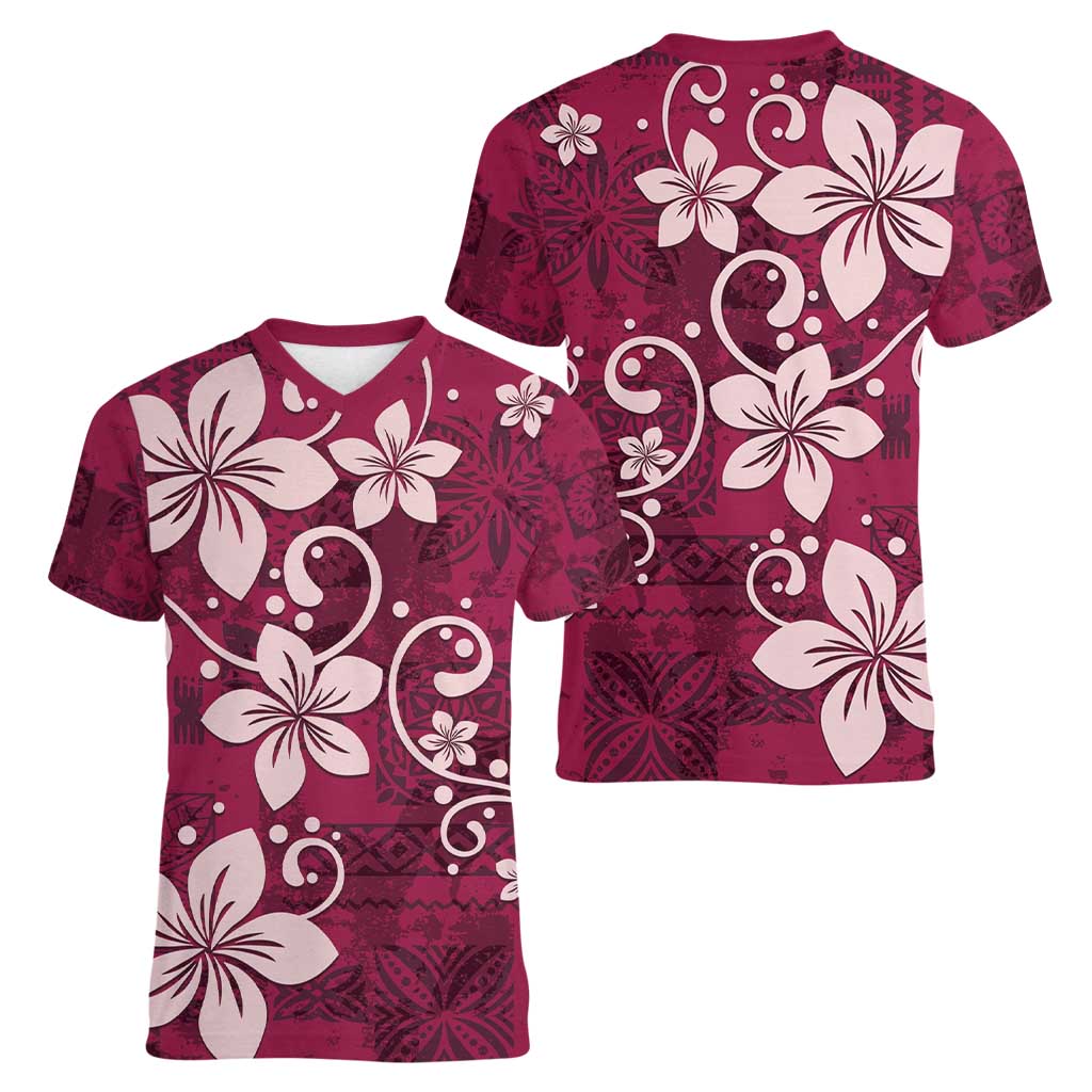 Plumeria Floral Tapa Pattern Ruby Pink Women V-Neck T-Shirt LT01 - Polynesian Pride