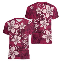 Plumeria Floral Tapa Pattern Ruby Pink Women V-Neck T-Shirt LT01 - Polynesian Pride