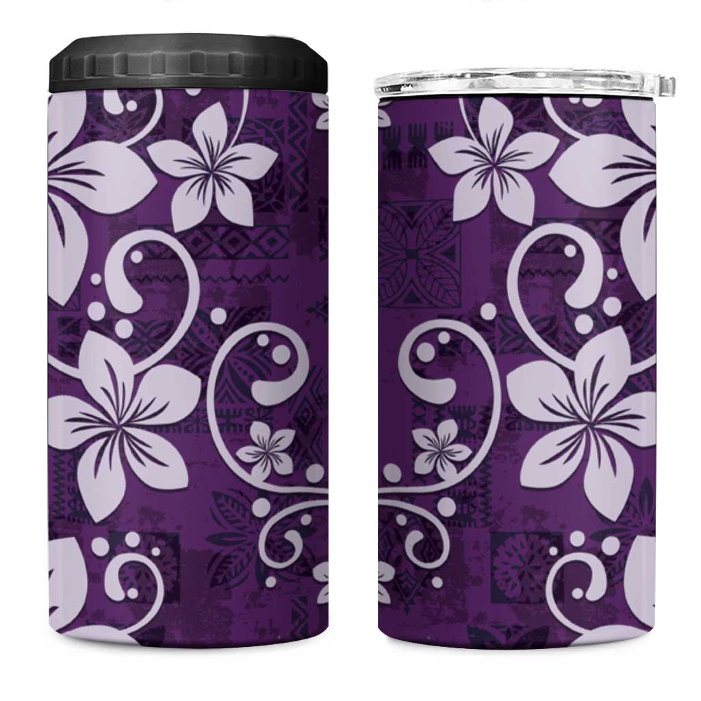 Plumeria Floral Tapa Pattern Amethyst Purple 4 in 1 Can Cooler Tumbler