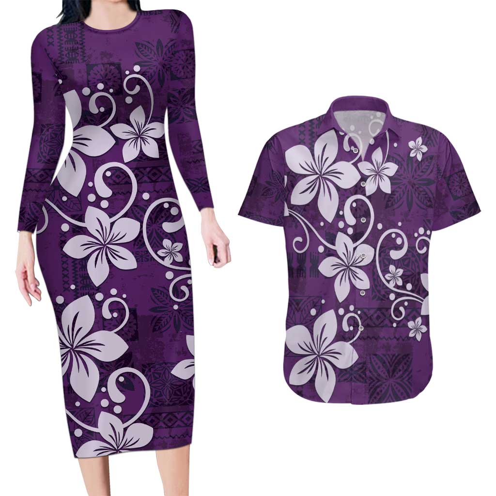 Plumeria Floral Tapa Pattern Amethyst Purple Couples Matching Long Sleeve Bodycon Dress and Hawaiian Shirt