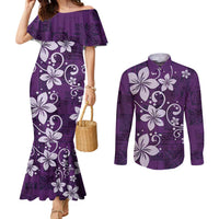 Plumeria Floral Tapa Pattern Amethyst Purple Couples Matching Mermaid Dress and Long Sleeve Button Shirt LT01 Purple - Polynesian Pride