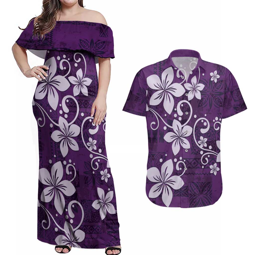 Plumeria Floral Tapa Pattern Amethyst Purple Couples Matching Off Shoulder Maxi Dress and Hawaiian Shirt