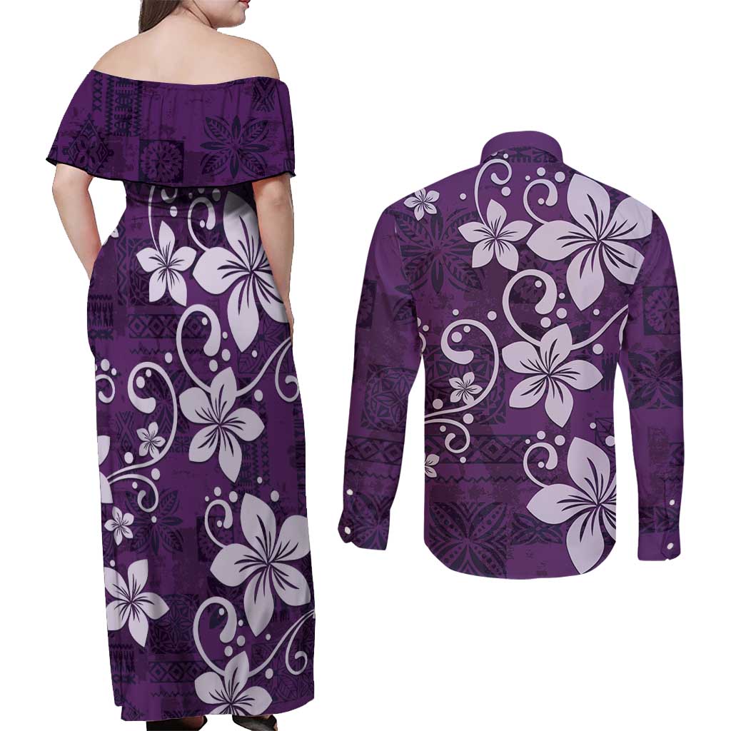Plumeria Floral Tapa Pattern Amethyst Purple Couples Matching Off Shoulder Maxi Dress and Long Sleeve Button Shirt LT01 - Polynesian Pride