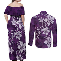 Plumeria Floral Tapa Pattern Amethyst Purple Couples Matching Off Shoulder Maxi Dress and Long Sleeve Button Shirt LT01 - Polynesian Pride