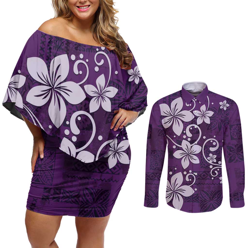 Plumeria Floral Tapa Pattern Amethyst Purple Couples Matching Off Shoulder Short Dress and Long Sleeve Button Shirt LT01 Purple - Polynesian Pride