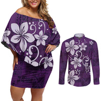 Plumeria Floral Tapa Pattern Amethyst Purple Couples Matching Off Shoulder Short Dress and Long Sleeve Button Shirt LT01 Purple - Polynesian Pride